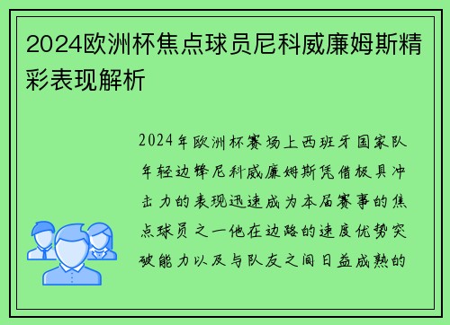 2024欧洲杯焦点球员尼科威廉姆斯精彩表现解析